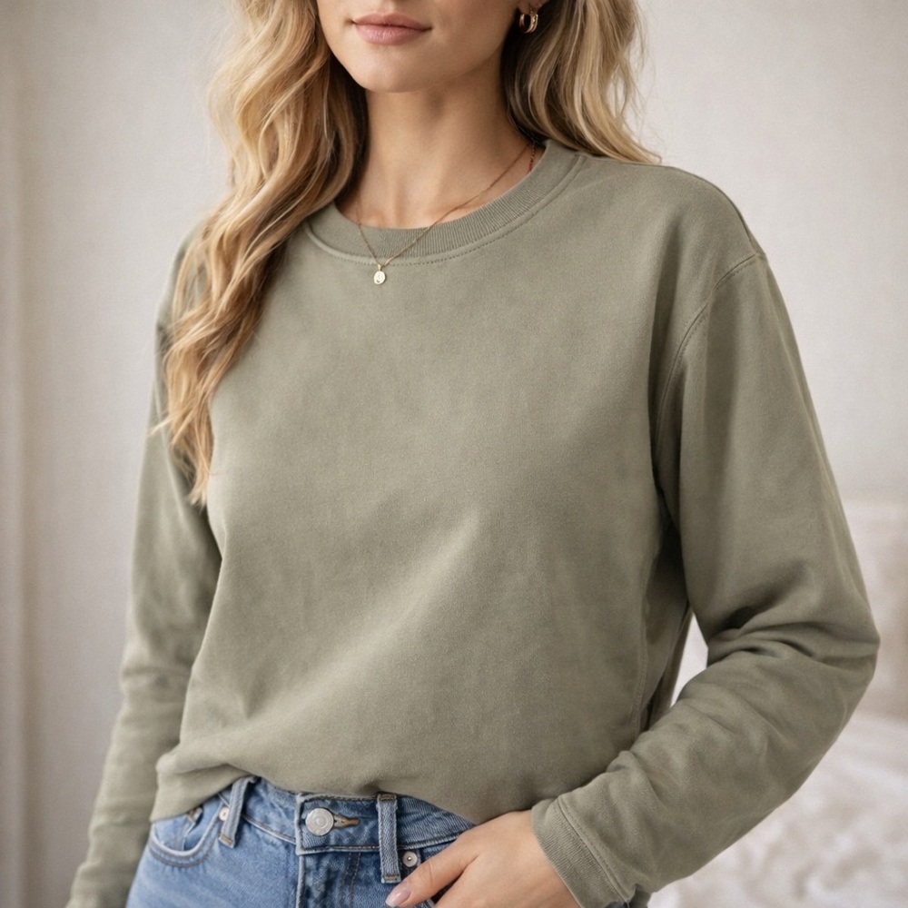 Good American Olive Green Long Sleeve Pullover Sweatshirt Cozy Basic SIZE‎ 1/2